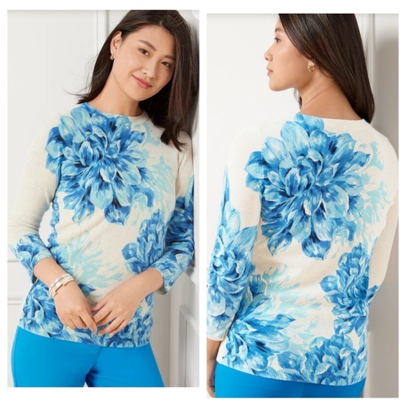 Talbots 100% Cashmere Sweater Audrey Pretty Peonies Blue Office Career Business - Picture 1 of 13